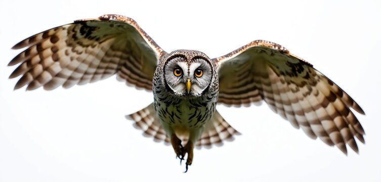 Barred owl flying towards camera. Wings spread, eyes focused, determined look. White background cutout. Avian predator in flight. Wild animal portrait.