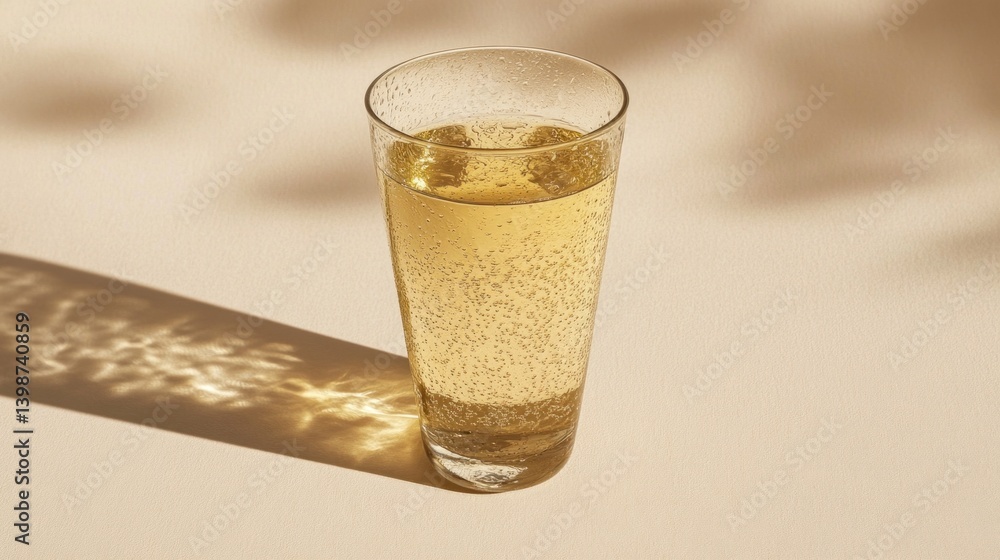 Poster a glass filled with sparkling water sits alone, casting gentle shadows and reflecting light in a ser