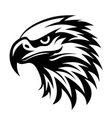 Black and white logo in the form of the head of an eagle, a bird symbolizing freedom. Painted portrait of a large bird of prey with a large beak looking out for its prey.