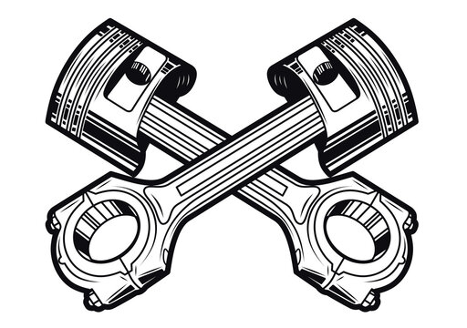 Pistons of a two-stroke engine, logo for workshop or auto racing. Part of internal combustion engine. Engine pistons black and white isolated illustration. Emblem for car repair shop or garage.