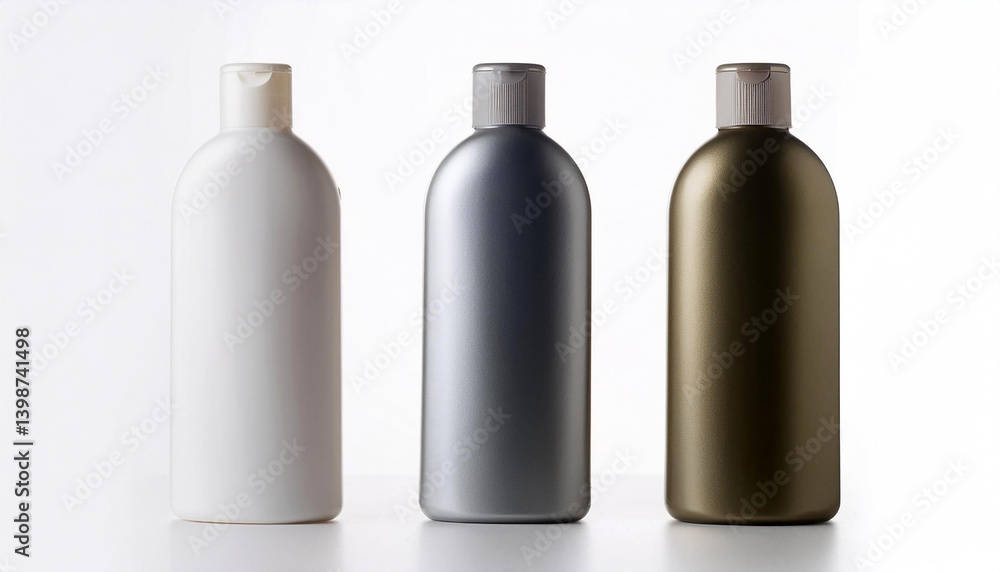 Aufkleber three bottles stand. white bottle faces forward. silver and gold bottles stand alongside. all the co