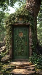 Green door entrance, vines, stone stairs, forest. Enchanted