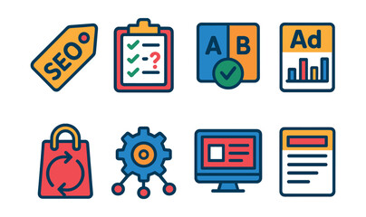 Set of icons for a computer desktop, including a shopping bag, a shopping cart