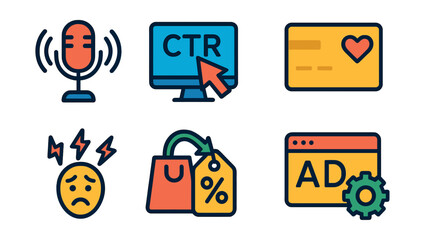 Set of icons for a computer monitor, a microphone, a shopping cart