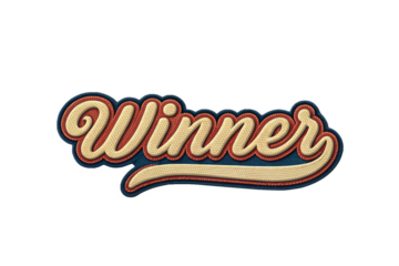 Winner written in retro script font with puff embroidery patch effect isolated on transparent background. 3D rendering - generated by ai