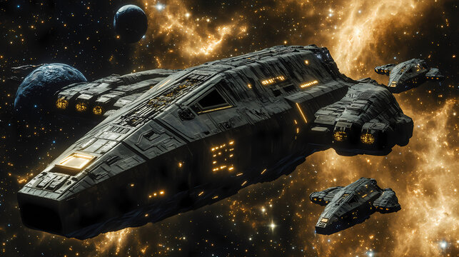 An armada of massive armored sci-fi military spaceships navigates through a vibrant galaxy surrounded by planets and star-lit backgrounds. generative ai. Blackhole Armor. Illustration