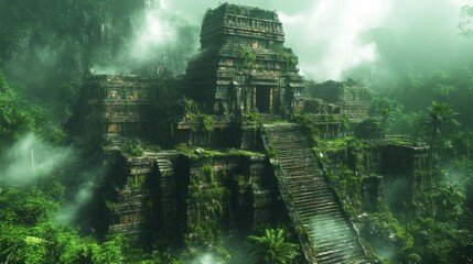 Obraz premium Ancient Ruins Emerging from Lush Jungle with Sunlight Filtering Through Ideal for Adventure an