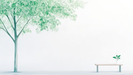 A serene illustration featuring a large tree beside a small plant on a bench against a white background.