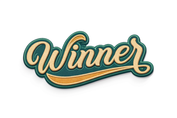 Winner written in retro script font with puff embroidery patch effect isolated on transparent background. 3D rendering - generated by ai