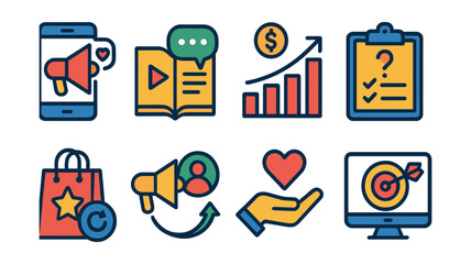 Set of icons for a business, including a book, a shopping bag, a heart