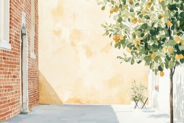 A serene outdoor space featuring a lemon tree and a brick wall with a soft, textured background.