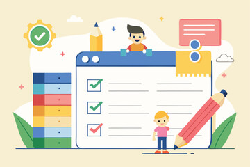 Obraz premium Task management, productivity app, digital checklist, colorful interface, giant clipboard, tiny people, oversized pencil, progress bars, notification icons, cloud computing, flat design illustration, 