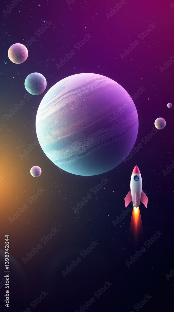 Poster a whimsical rocket soars through a colorful galaxy filled with swirling nebulae and distant planets.