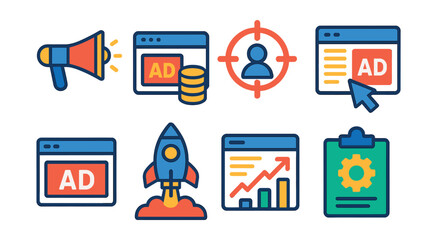 Fototapeta premium Set of icons for advertising, including a rocket, a person, and a mouse