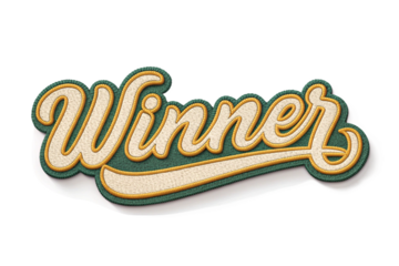 Winner written in retro script font with puff embroidery patch effect isolated on transparent background. 3D rendering - generated by ai