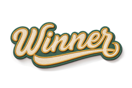 Winner written in retro script font with puff embroidery patch effect isolated on transparent background. 3D rendering - generated by ai