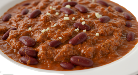 Delicious vegetarian chili with a rich red color garnished with spices and beans
