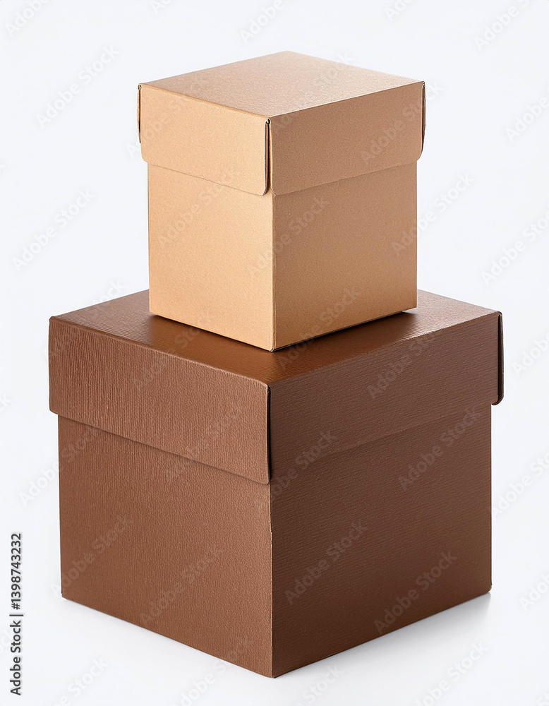 Poster two square boxes stacked. brown box is bigger and on bottom. beige box sits on top. boxes have lids 