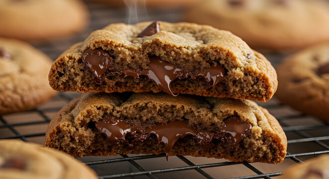 Hot Gooey Chocolate Chip Cookies Broken in Half on Wire Cooling Rack