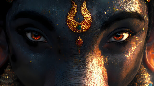 A close-up of ganeshas face, with a soft divine light reflecting on his peaceful expression, focusing on his eyes and symbolic markings. symbolic. illustration. Divine Markings. Illustration