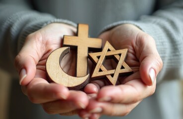 Hands holding Christian cross, Jewish Star of David, Islamic crescent symbols. Represents interfaith dialogue. Unity between Christianity, Judaism, Islam. Symbols of religious diversity. Focus on