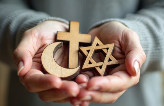 Hands holding Christian cross, Jewish Star of David, Islamic crescent symbols. Represents interfaith dialogue. Unity between Christianity, Judaism, Islam. Symbols of religious diversity. Focus on
