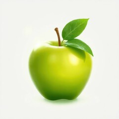 Bright Green Apple, fresh, crisp, and visually pleasing. Highlighted by two verdant leaves on a plain background.