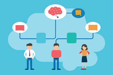 Flat design illustration, three diverse people connected by thought bubbles, colorful icons representing ideas, cloud-shaped network, digital collaboration concept, teal background, minimalist style, 