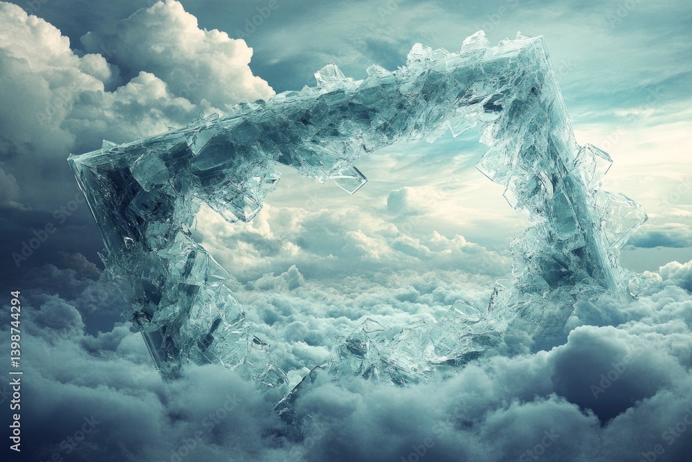 Poster a geometric shape made of ice and crystals floats in a cloudy sky, inviting contemplation and imagin