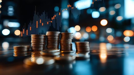 A dynamic image showcasing stacks of coins, representing investment growth and financial success against a blurred city backdrop. Ideal for business and finance projects.