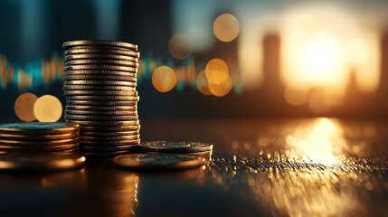 Close-up view of stacked coins on a wooden surface