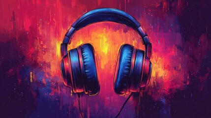 Vibrant digital illustration of headphones against a colorful abstract background