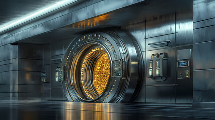 Massive bank vault with biometric scanners and armored gold storage. Etherbound Steel. Illustration