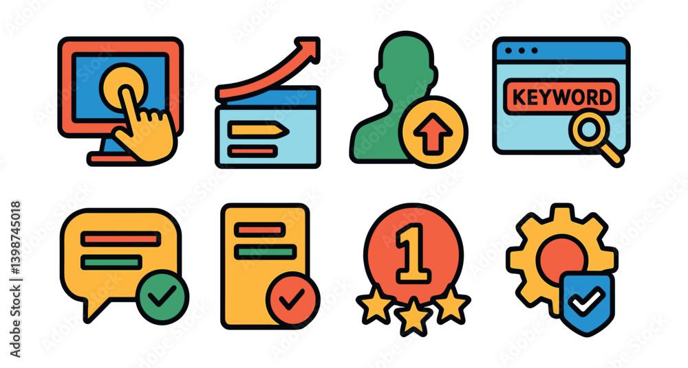 Poster set of icons with a keyboard and a person pointing to the keyboard