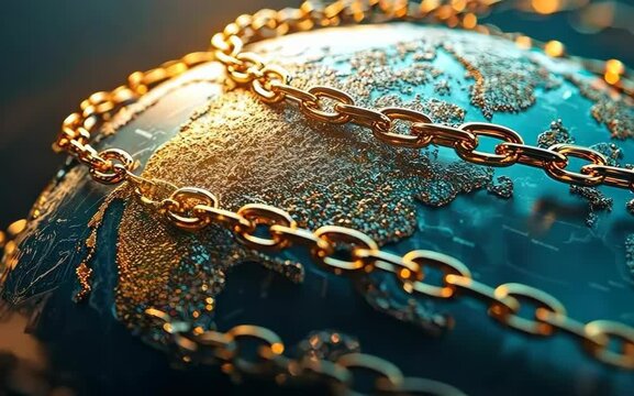 A globe with shipping routes blocked by chains labeled "Tariff," minimalistic, soft natural lighting, top view.