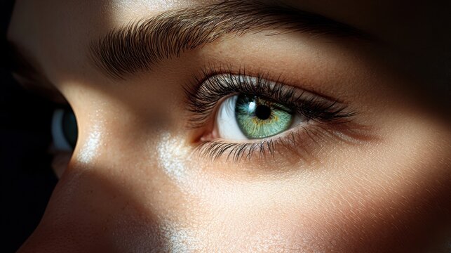 Woman showing green eye with long eyelashes and perfect eyebrows makeup