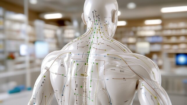 3d medical illustration showing acupuncture points on human back in clinic