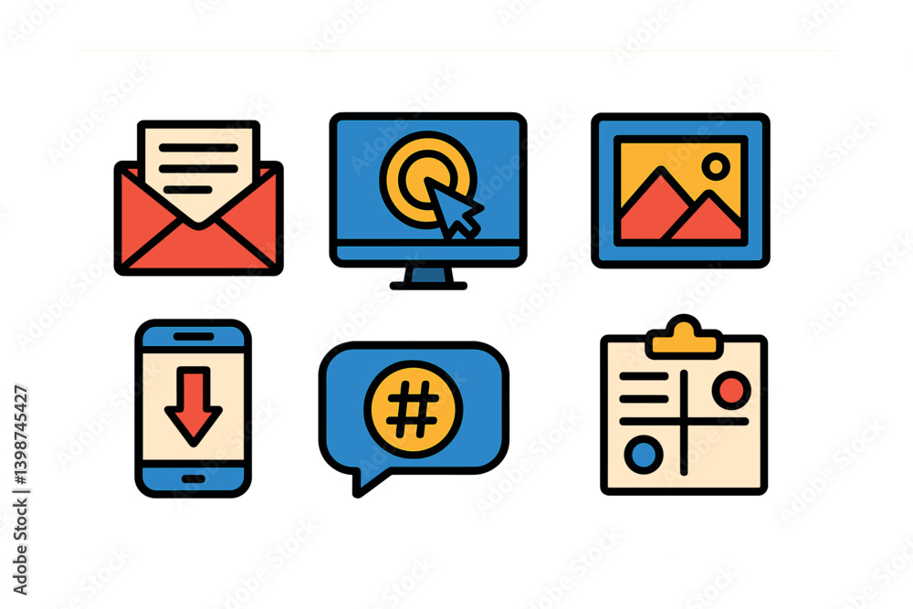 Aufkleber set of icons for a computer desktop, including a phone, a computer monitor