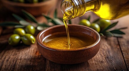 Olive oil streams into a small wooden bowl, accompanied by fresh olives, on a textured wooden surface, enhancing the rustic atmosphere