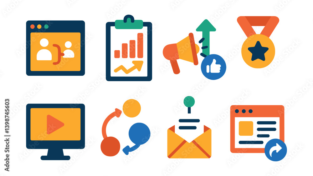 Poster set of icons for a computer screen, including a monitor, keyboard, and mouse