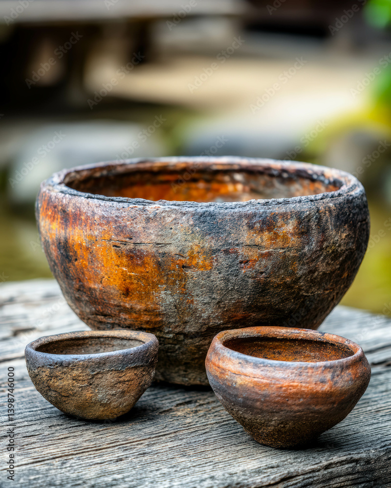 Poster rustic plant pots handcrafted from clay resting on a wooden surface under soft natural light