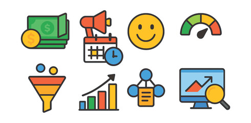 Set of icons for a business, including a smiley face, a dollar sign, a clock