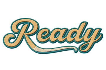 Ready written in retro script font with puff embroidery patch effect isolated on transparent background - generated by ai