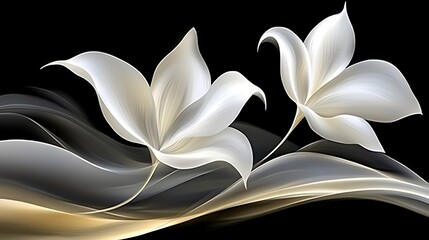 Two abstract white flowers against a black and flowing background