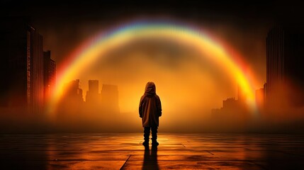 Fototapeta premium Child Hope Amidst Urban Dawn: A Solitary Figure Gazes at a Vibrant Rainbow Arching Over a Misty Cityscape