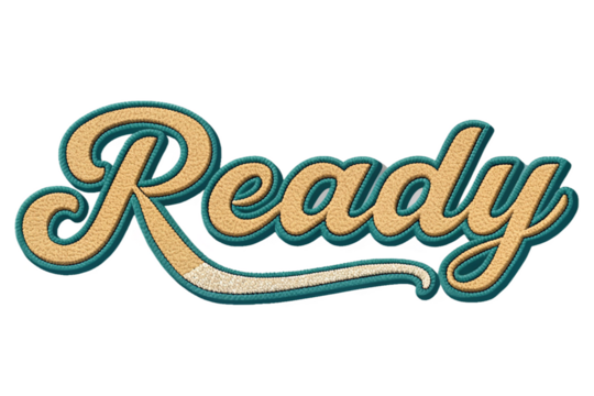 Ready written in retro script font with puff embroidery patch effect isolated on transparent background - generated by ai