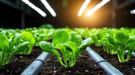 Vibrant green seedlings thrive under bright lights in a modern greenhouse