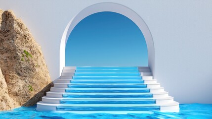Tranquil environment with water stairs to a bright blue sky - conceptual coastal digital art