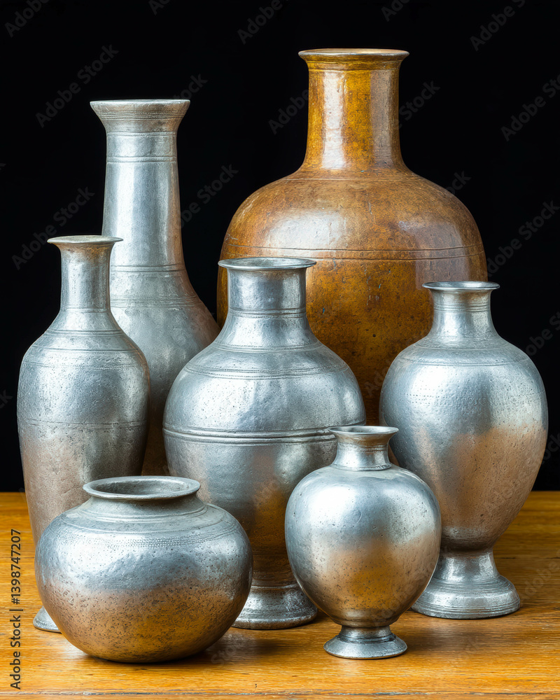 Poster Elegant collection of metallic vases on a wooden table with a dark background setting