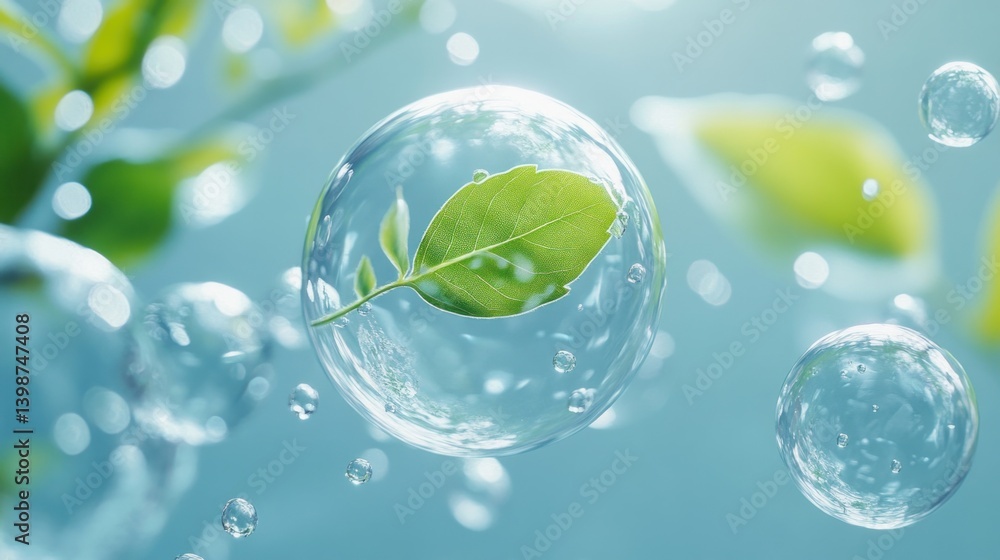 Poster green leaves float within translucent bubbles, creating an intriguing visual effect against a soft b